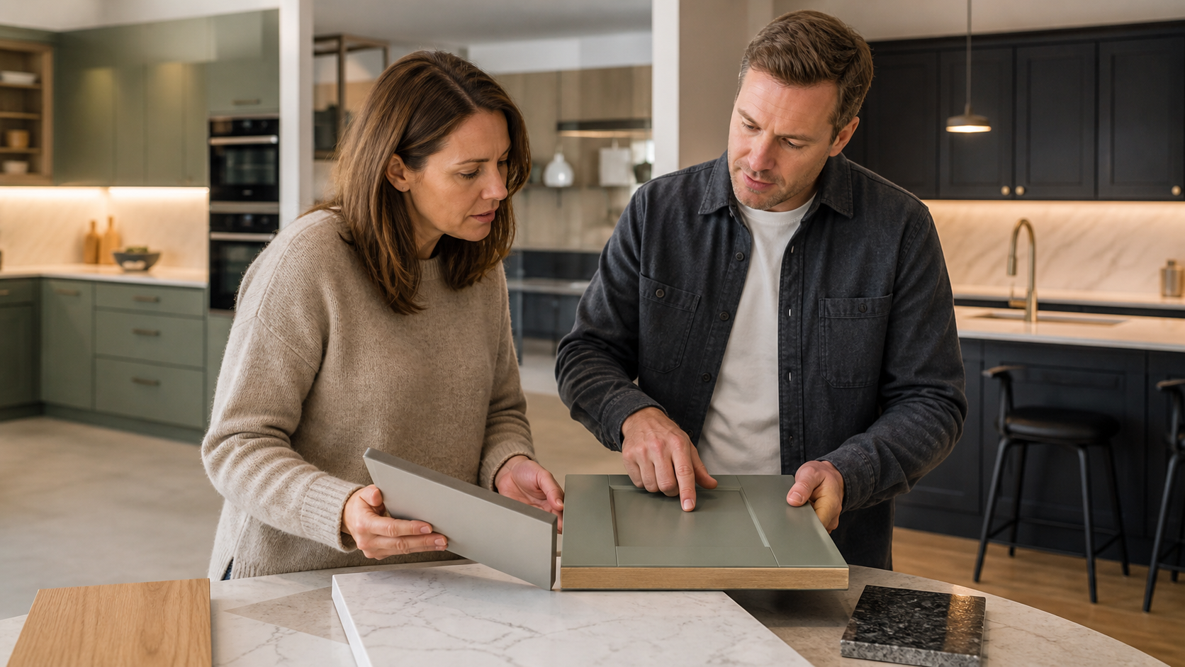 Homeowner and kitchen designer comparing cabinet-door and worktop samples in a fitted-kitchen showroom.