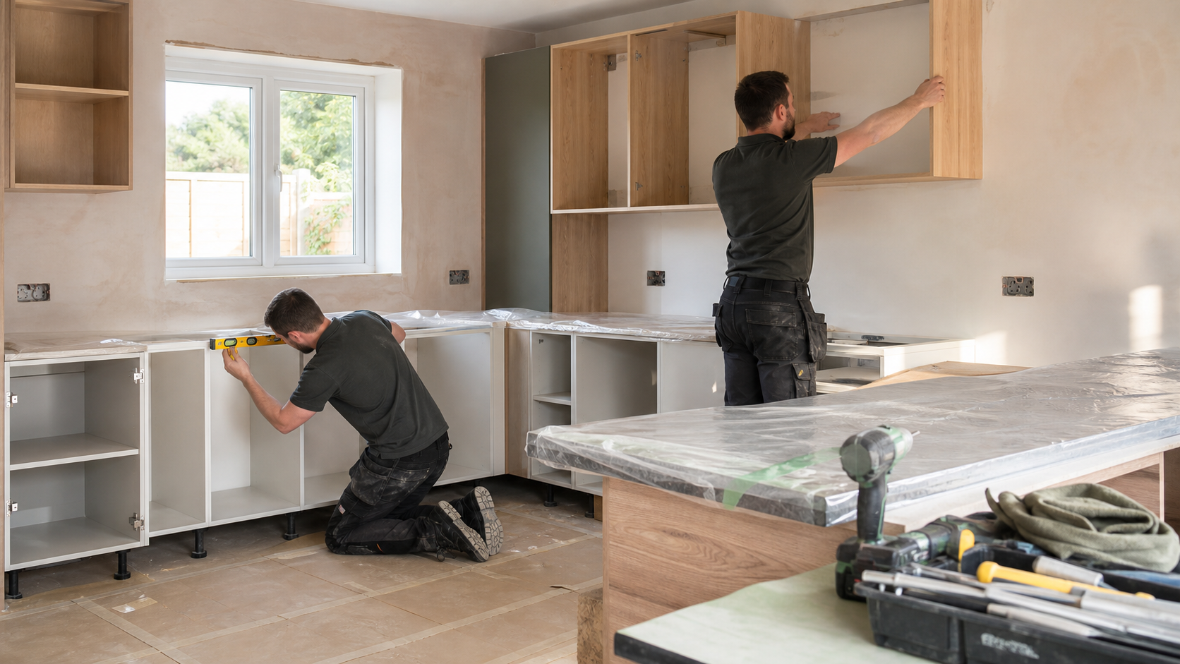 Installers levelling and securing kitchen cabinets during a protected second-fix installation.