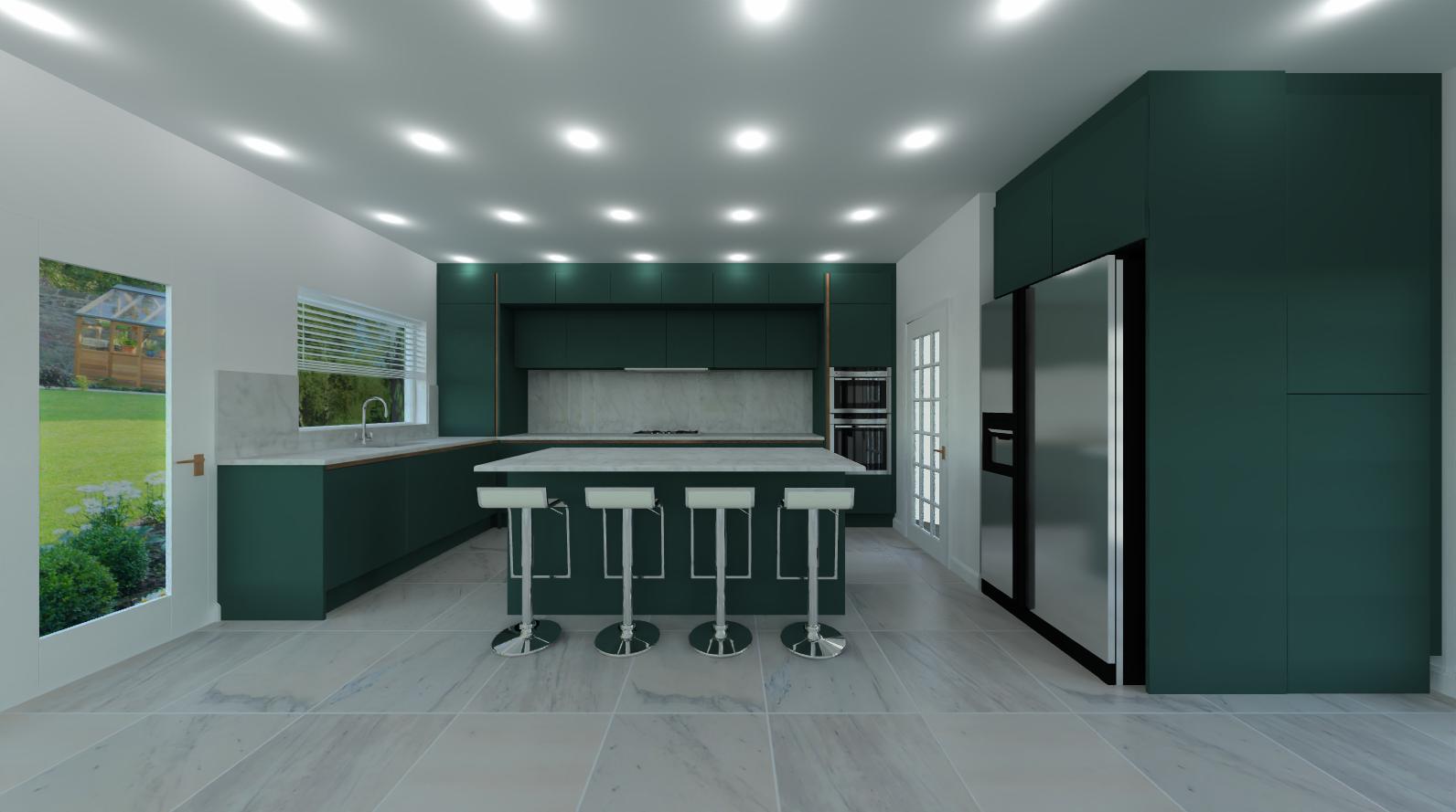 Bespoke fitted kitchen island with integrated storage and breakfast bar seating