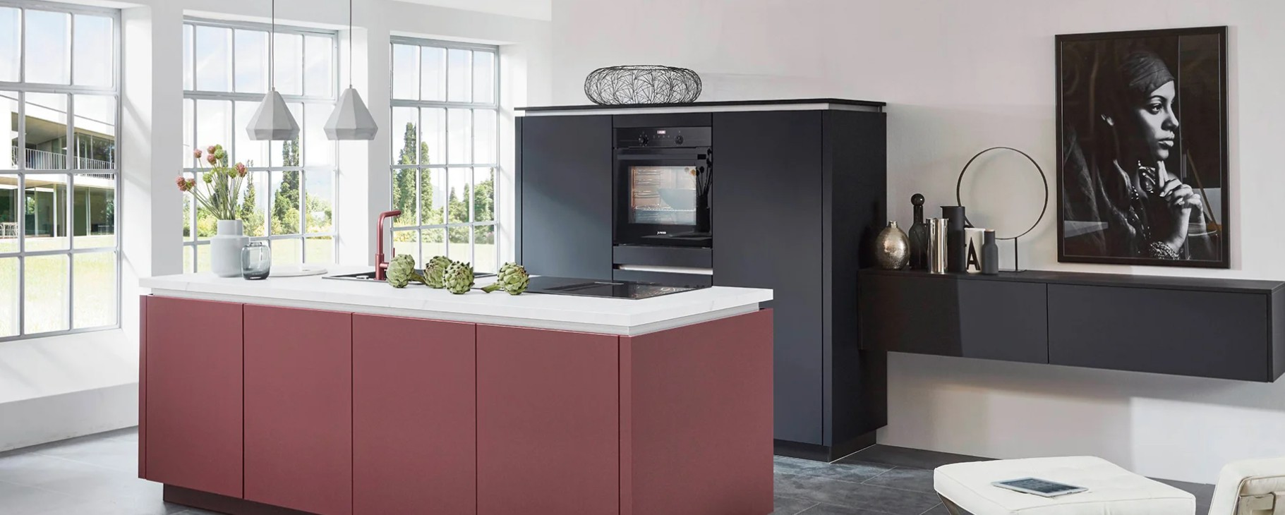 Burgundy Anthracite Island Hob Sink Storage
