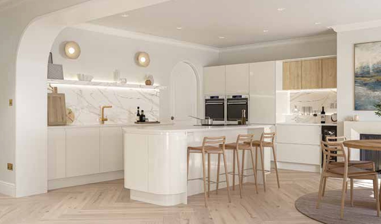 Curved J-Pull Island White Oak Seating