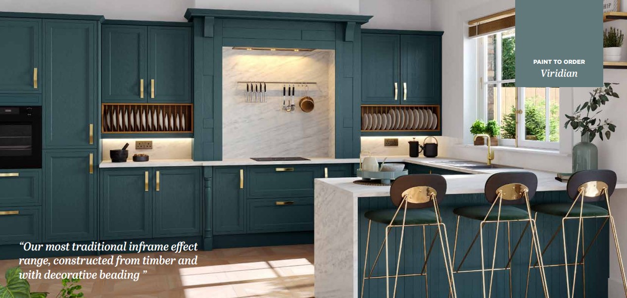 Waterfall Peninsular Viridian In-Frame Kitchen